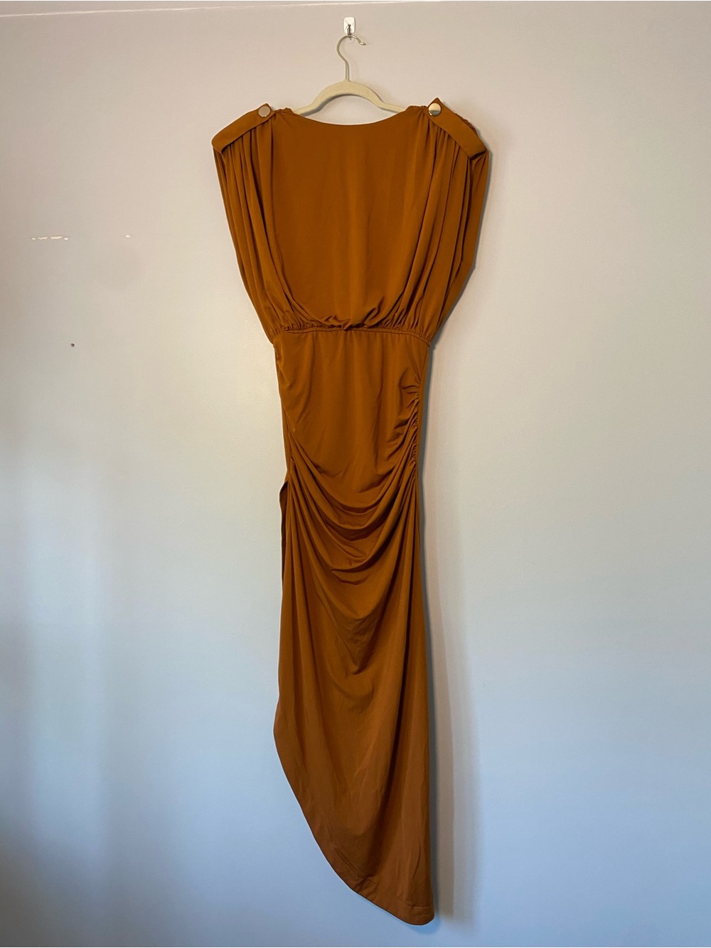 Mable Burnt Orange Asymmetrical Ruched Midi Dress High Slit Size Medium